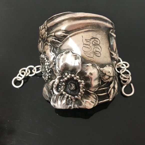 Floral Sterling Silver 925 Wide Cuff Bracelet Victorian Art Nouveau - Picture 5 of 7